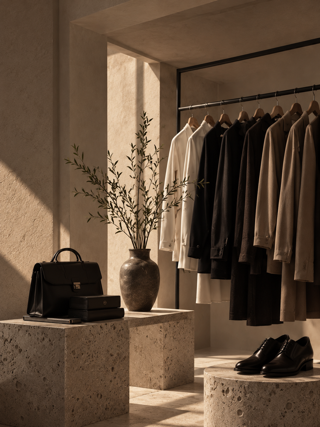 Curated wardrobe with neutral garments hanging on a clothing rail